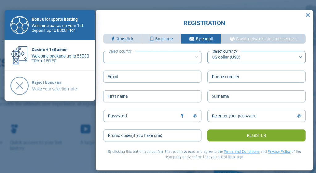 Registration-in-1xBet-by-email